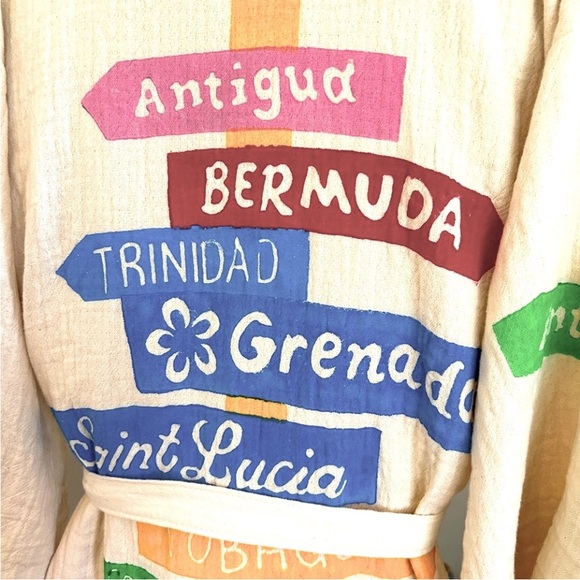 Colorful Caribbean Signpost Kimono Robe Cotton Natural Sash Belt Loops Handmade - Picture 6 of 14